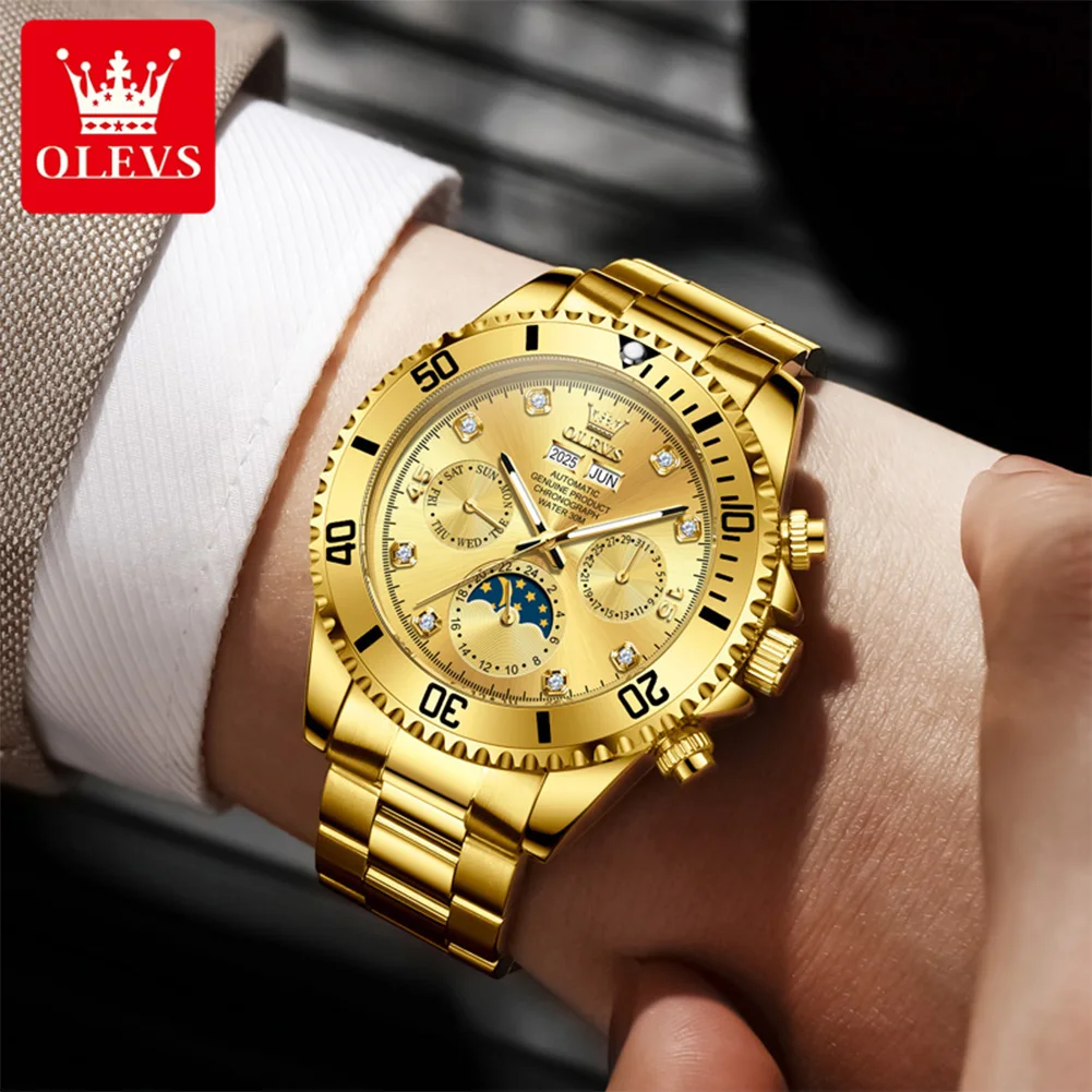 OLEVS 6729 Luxury Gold Mens Watch Diamond Dial Moon Phase Waterproof Luminous Automatic Mechanical Wristwatch for Men