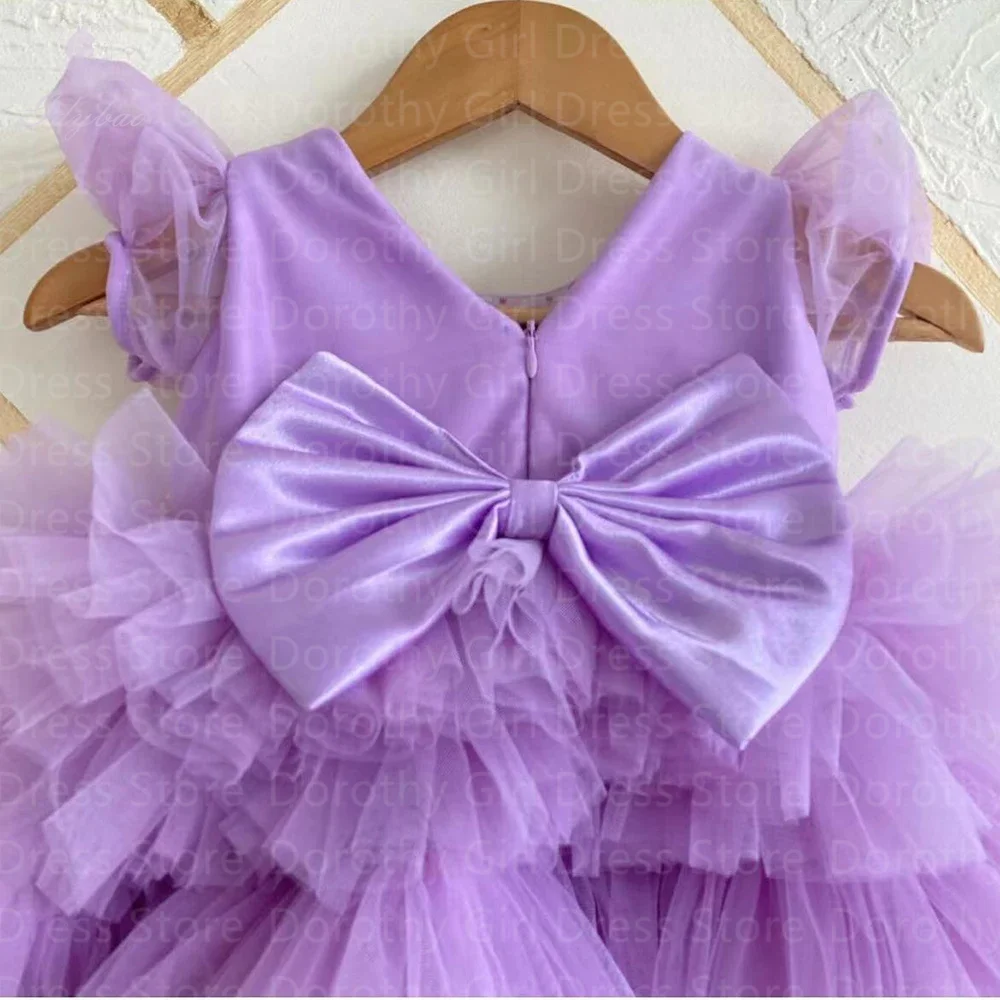 Purple Tulle Puffy Flower Girl Dress Tiered Pearls For Wedding With Bow Kids Birthday Party Official Events Ball Party Gown