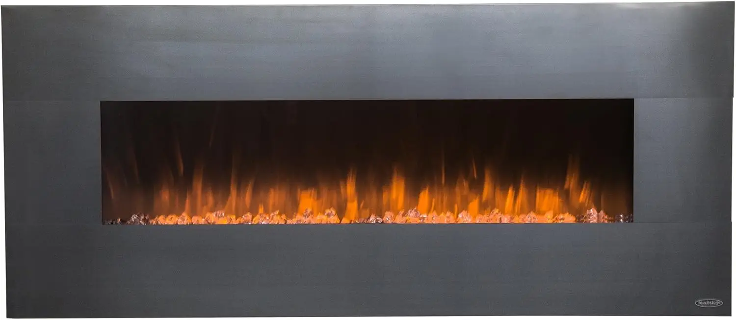 80026 - Stainless Electric Fireplace - (Stainless) - 50 Inch Wide - On-Wall Hanging - Log & Crystal Included - 5 Flame Settings