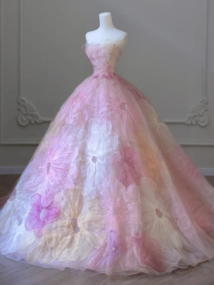 Wiosenny nowy sukienka na Quinceanera bez ramiączek kolorowe kwiaty 3d Patchwork suknia ślubna Sweep na imprezę bal sukienka wezdo