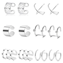 1/6 Pairs Stainless Steel Ear Clips Cartilage Earring Cuffs Non Piercing Earrings Wrap Set for Women Men Size Adjustable