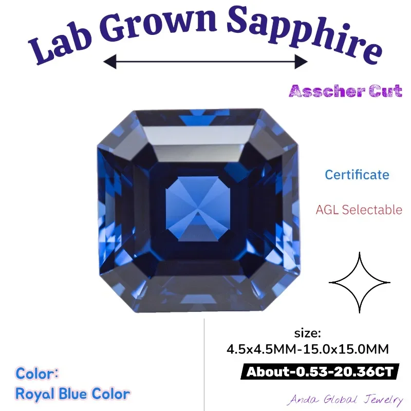 

S-Lab Grown Sapphire RoyalBlueColor Asscher Cut AAA+Clarity Gems for Jewelry Setting&Custom Design Certificate Daily Matching