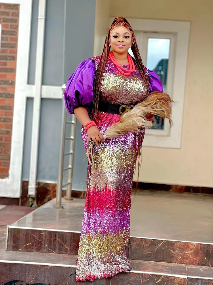 ポリエステル製アフリカンドレス レディース 2025年 春夏 アフリカン ハーフスリーブ Oネック スパンコール ロングドレス マキシドレス アフリカ服