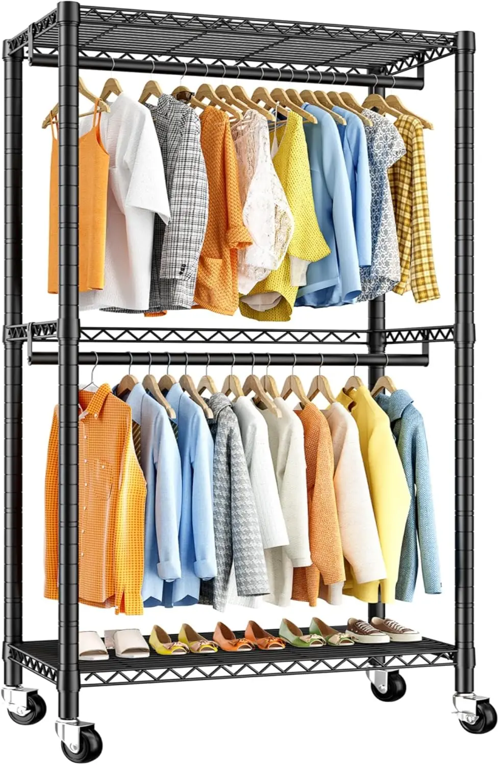

Clothing Rack with Wheels,Clothes Rack for Hanging Clothes,Portable Closet,2 Shelves,Black