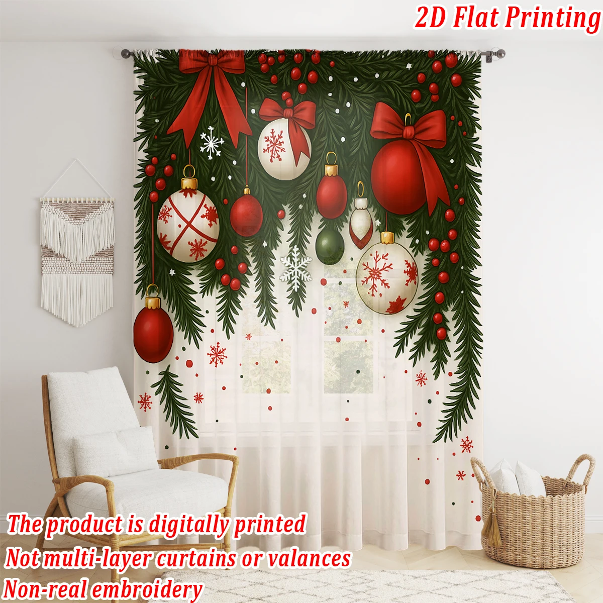 Christmas Flat Printing Sheer Curtain with Christmas Ball Pine Branch Berry Snowflak for Living Room Bedroom Decor Holiday Party