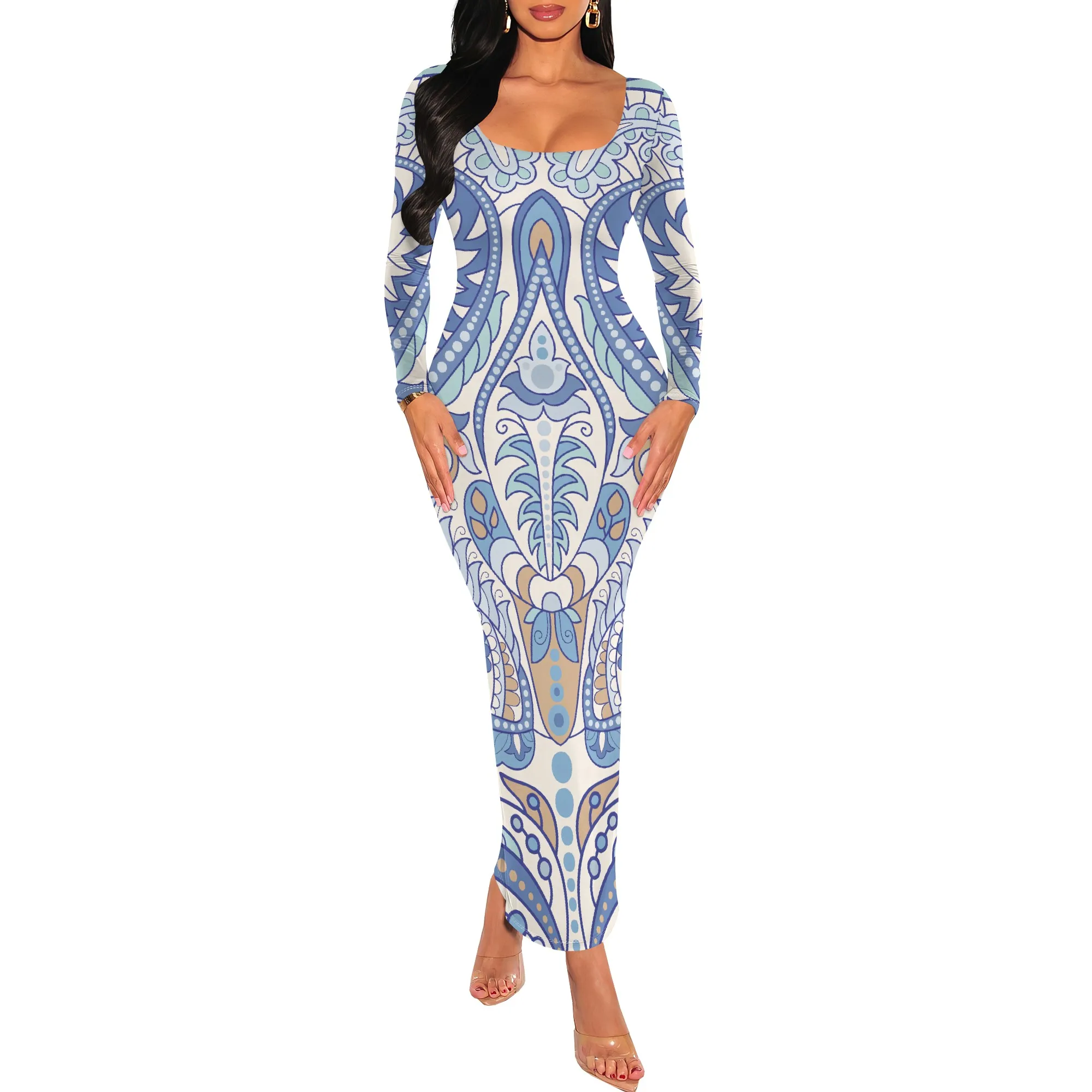 페이즐리 프린트 긴 소매 Bodycon 맥시 드레스 우아한 Boho 스타일 봄 가을 패션