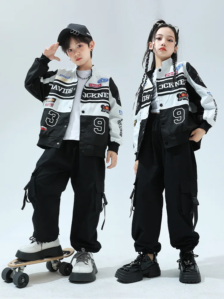 Jungen Hip Hop Motorrad Jacke Cargo Hosen Mädchen K-pop Street Dance Kontrast Mantel Kinder Jazz Kleidung Kinder Streetwear set