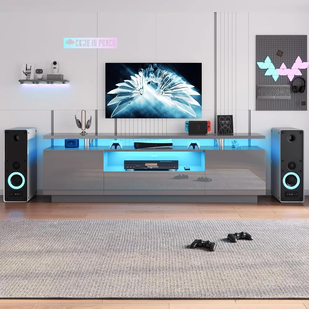 حامل تلفزيون 70 بوصة مع ضوء LED، مركز ترفيه حديث عالي اللمعان مع أرفف تخزين مفتوحة ودرج لأجهزة التلفاز حتى 80 بوصة #3