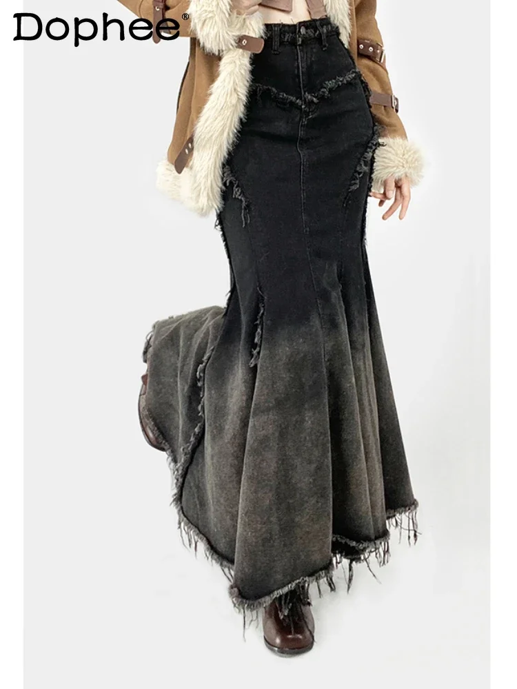 Retro French Denim Fishtail Skirt Womens Autumn 2024 new Slim Irregular Ruffle Leaf Edge Gradual Change Color Black Skirt