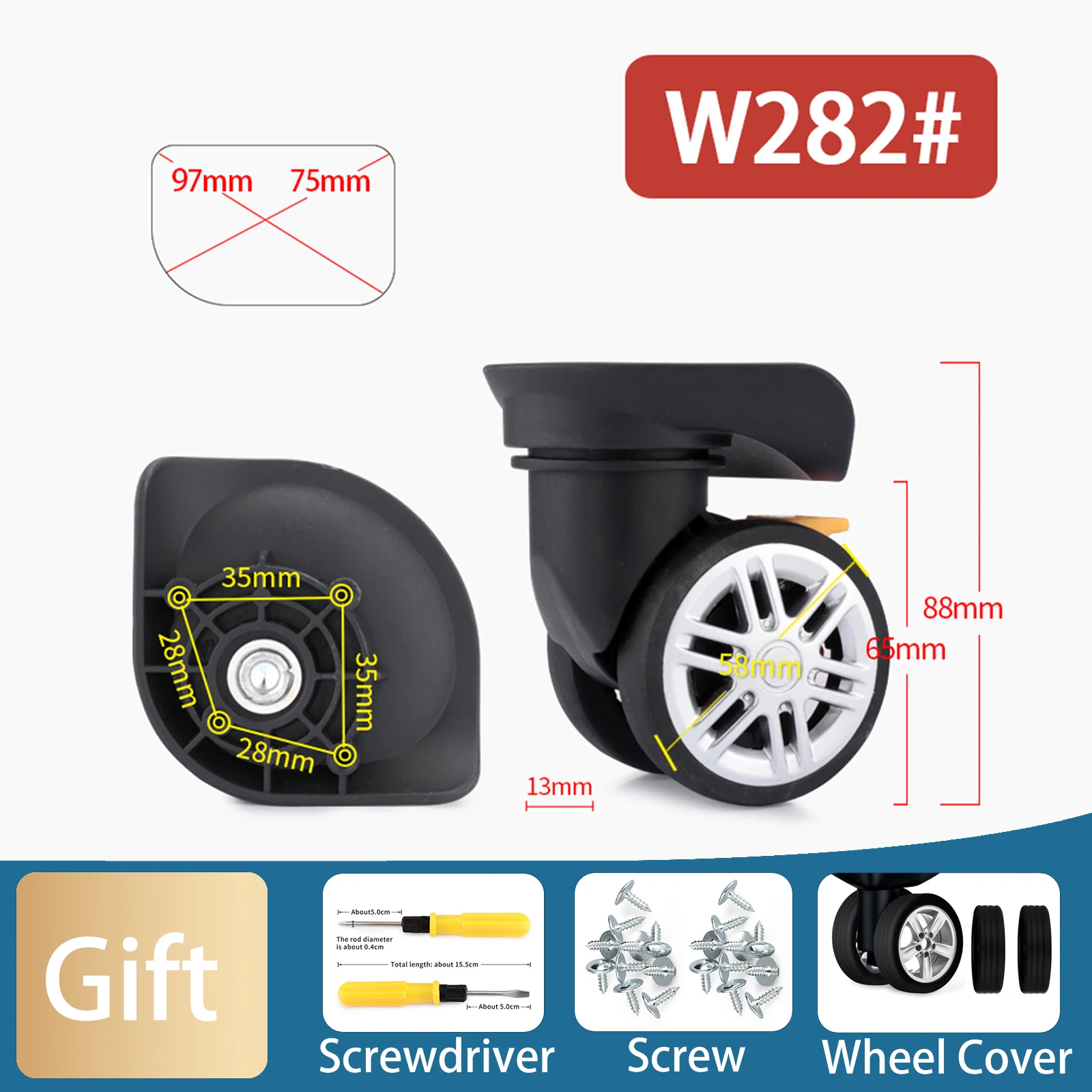 W282 Universal Swivel Suitcase Repair Tools com parafuso, Trolley Case, rodízios de bagagem, Mudo Wheel Set, alta qualidade