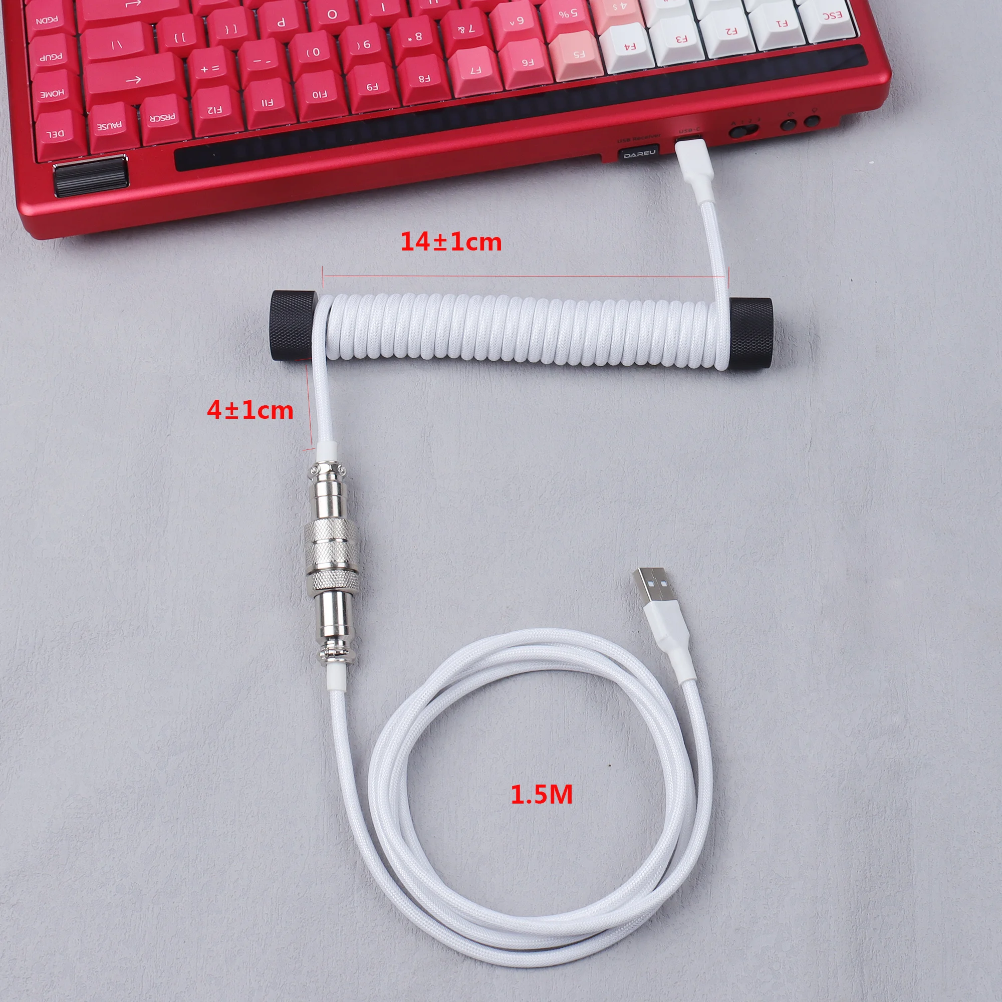 【LANO】White Double Sleeved Wire Coiled Keyboard Cable Gx16 Aviation Connector USB to Type C Keyboard Cable Detachable Metal Avia