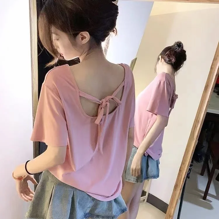 Guangzhou Thirteenth Factory Summer New Style Short Shoulder Women's T-shirt Vintage Short Sleeve Asymmetrical Cotton 100%