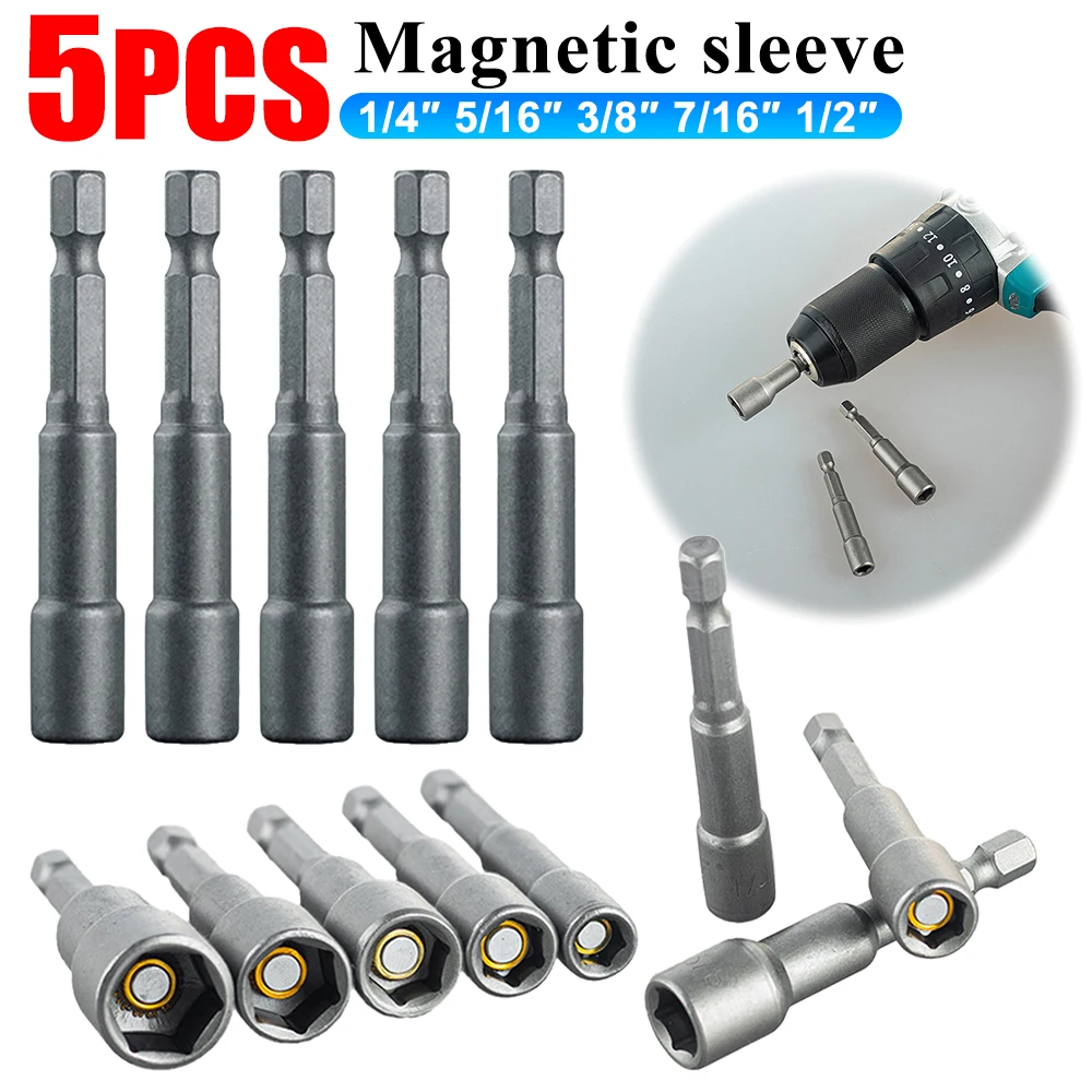 5Pcs Shank Socket Power Drill Bit 1/4 5/16 3/8 7/16 1/2 Inch Magnetic Nut Driver Socket Length 65mm Hex Socket Adapter Drill Bit