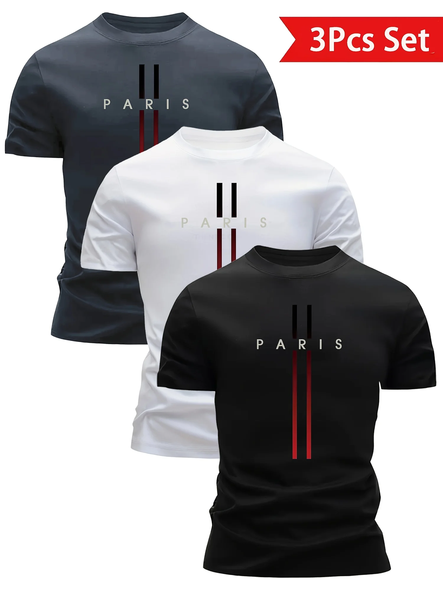 

2026 New 3-Pack PARIS Striped Logo 100cottonT-Shirts for Men | Slim Fit Crew Neck Short Sleeve Tops