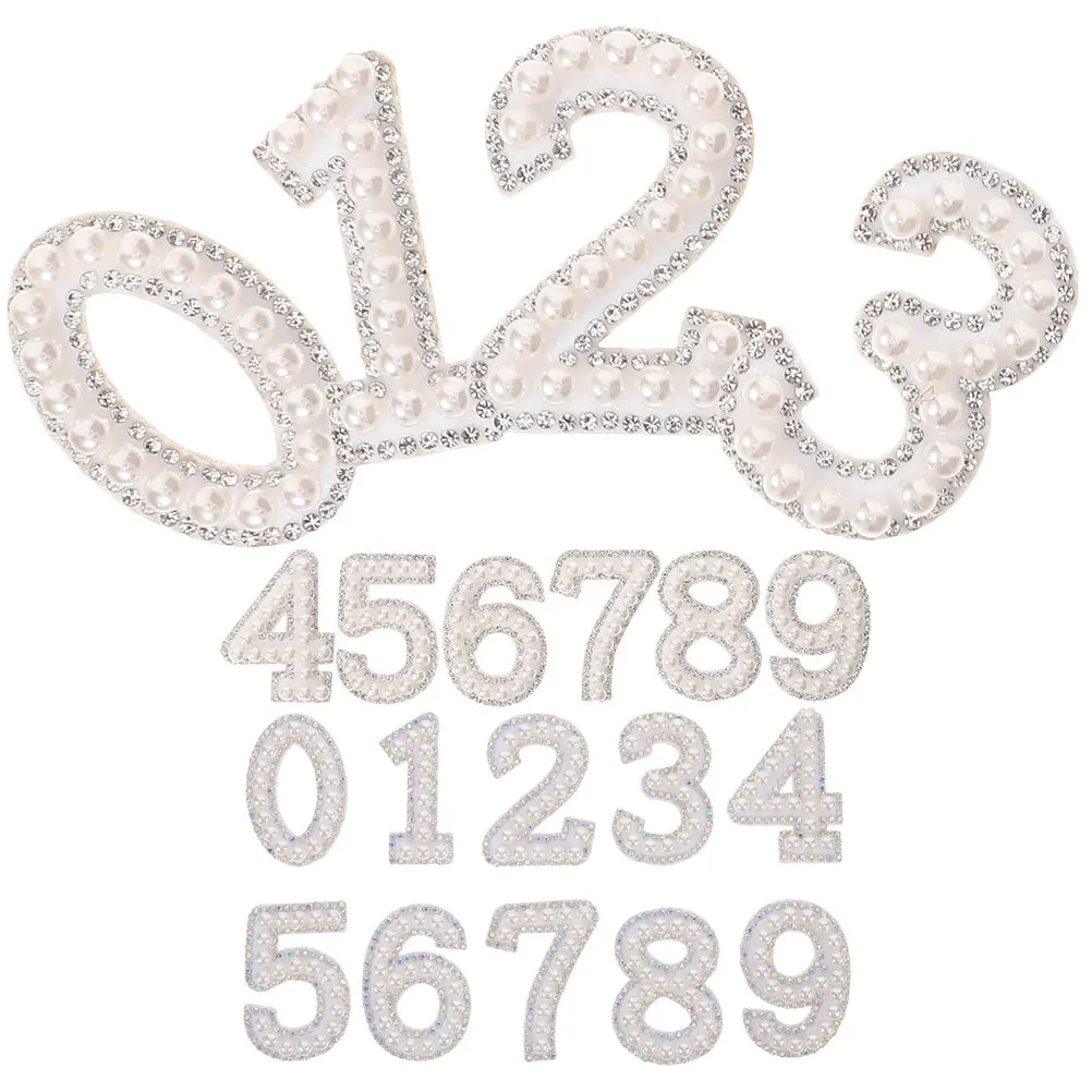 

2Set Rhinestone Pearl Number Iron on Patches Elegant DIY Applique Embroidery Stickers for Clothing Bags Hats Shoes Decor