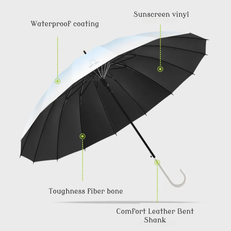 The new 16-bone gradient high-density vinyl straight umbrella sunscreen UV increase long handle umbrella rain and sunny dual-use