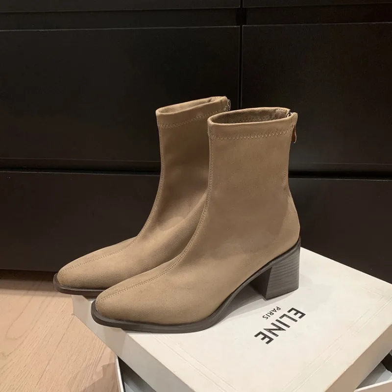 Winter Women Faux suede Boots Square Toe Heel Stretch Socks Boots Fashion Solid Womens Shoes Short Boots Modern Ladies Shoes