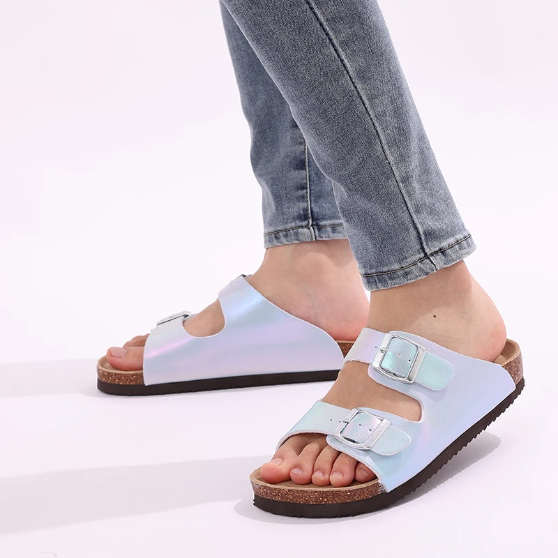 Comwarm New Women\'s Flat Sandals Summer Cork Slippers For Women Fashion Gradient Sandals Outdoor Beach Shoes With Double Buckle