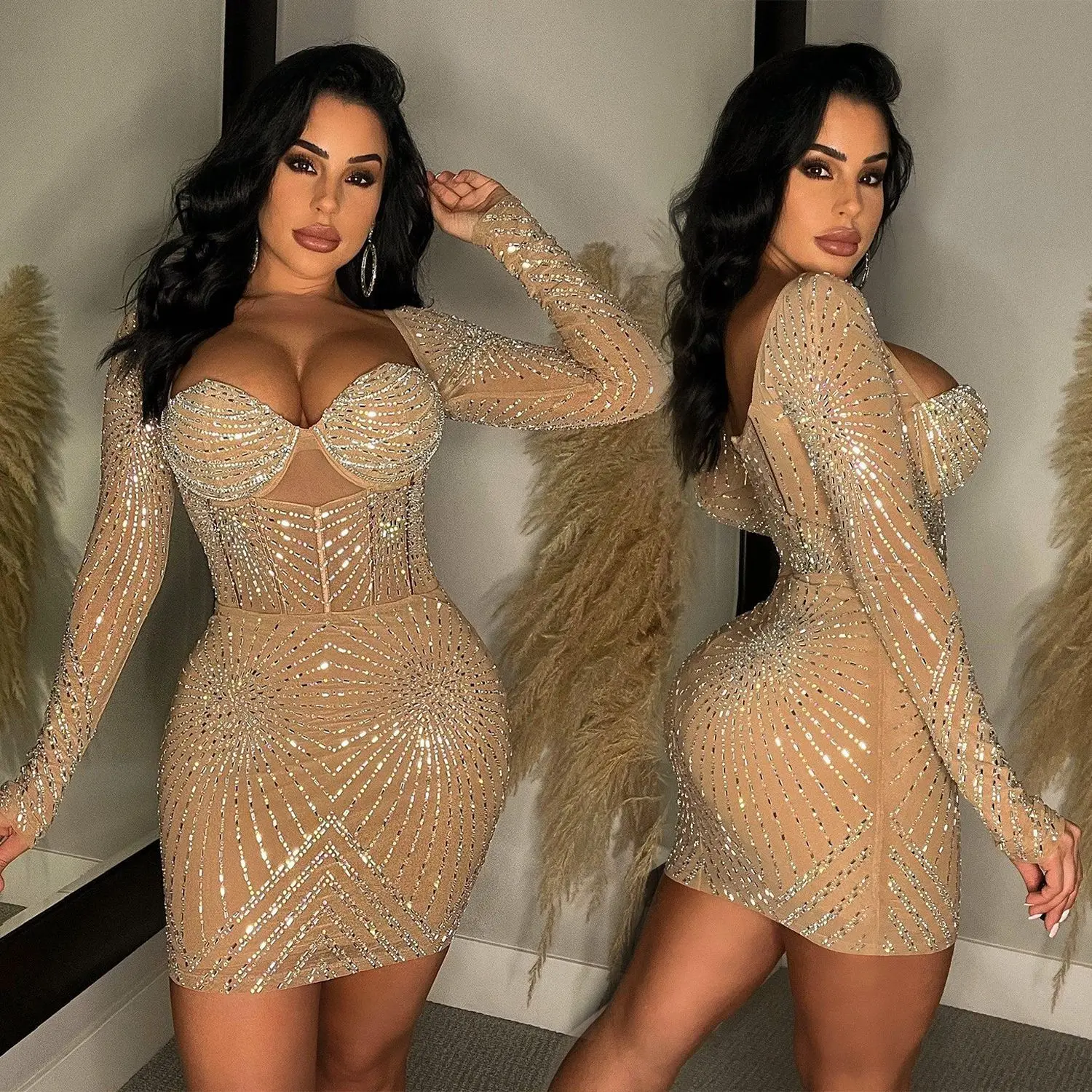 

Fashion Sexy Solid Color Mesh Nightclub Party Gathering Club Hot Drilling Long Sleeve Dresses