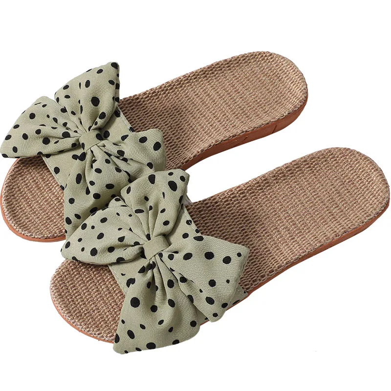 Casual Women Slides Comfortable Flax Slippers Print Bow Linen Flip Flops Platform Sandals Ladies Indoor Shoes Zapatos