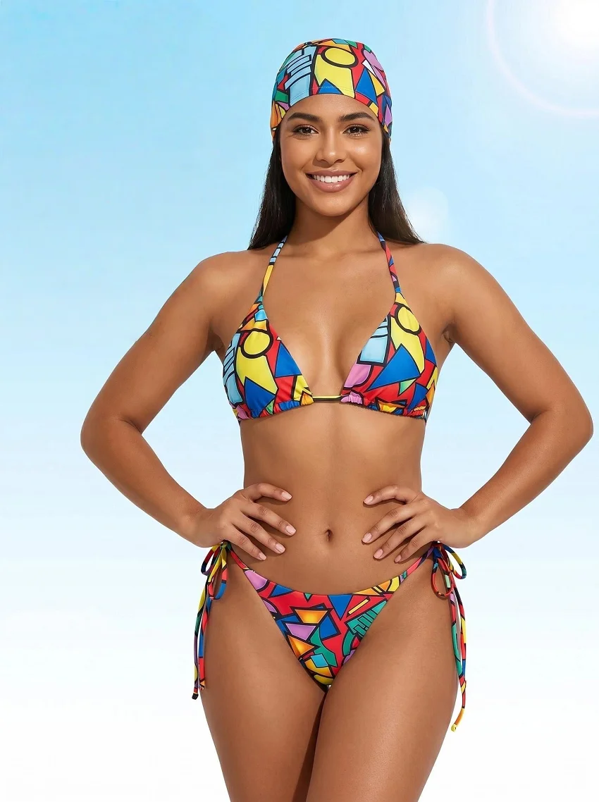 Boho 3 Piece Bikini Set Women High Cut Tie Side Bottoms with Headscarf Floral Bathing Suit Beach Swimwear