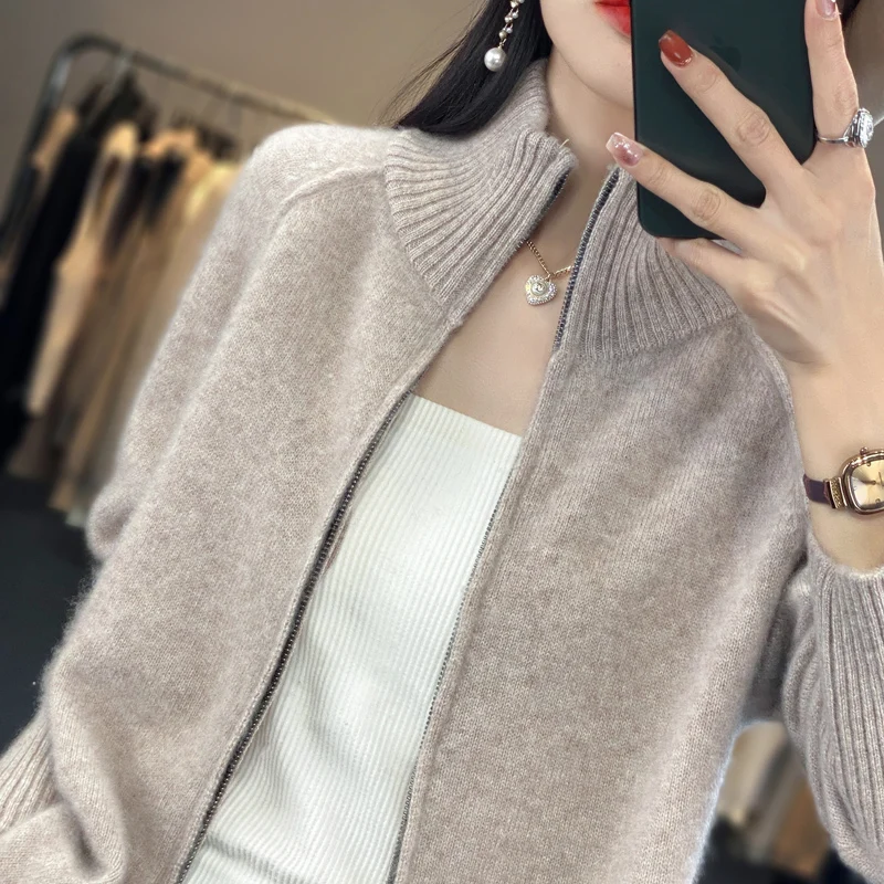 2023 Spring Autumn New Womens 100% Wool Cardigan Fashion Solid Color Female Knitted Loose Large Size Soft Loose Knitwear Classic