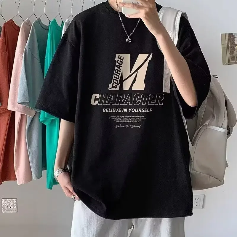 Pure Cotton Men's Oversized Short Sleeve T-shirt Comfortable Smooth Casual Manga Solid Color Weaving Luxury Y2k Anime Clothing