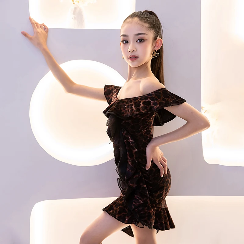 

New Latin Dance Party Dress Girls Leopard Latin Dance Professional Dresses Kids Stage Professional Dancing Clothes SL10655