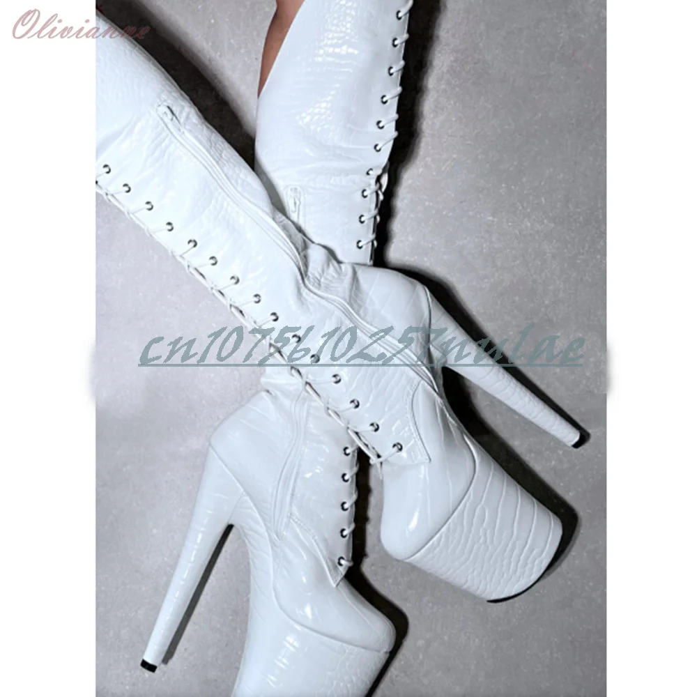 20cm/8inch Stiletto High Heel White PU Leather Knee High Boots Cross Tied Hot Platform Performance Stage Sexy 2026 Women Shoes