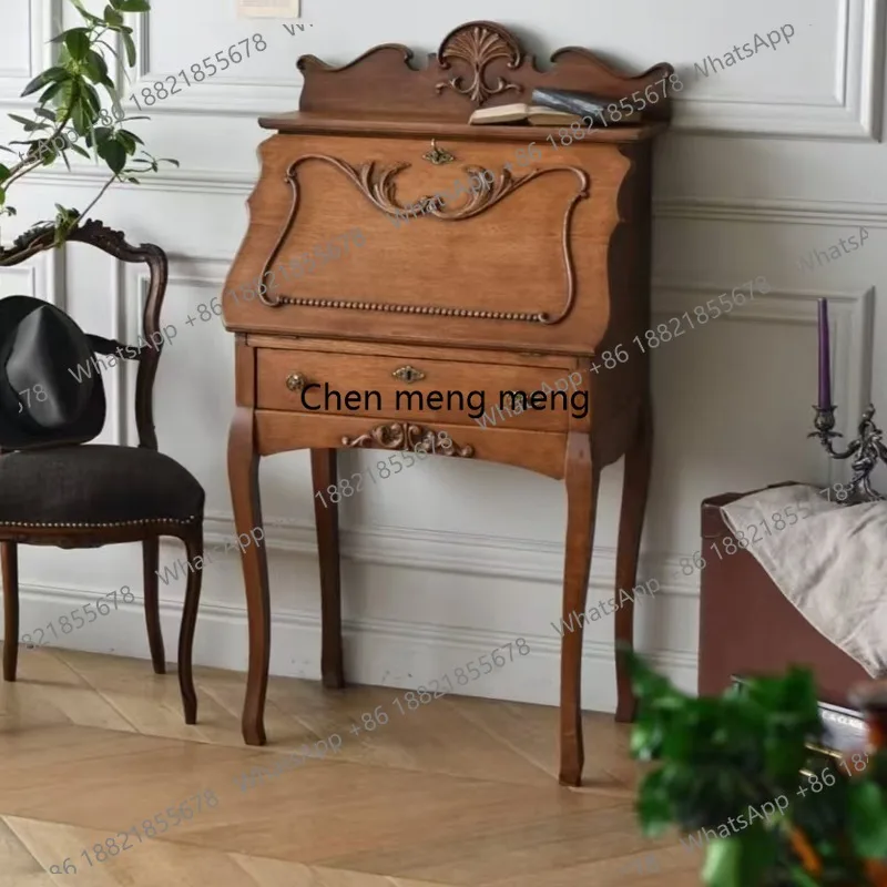 

French retro carved solid wood dresser bedroom dressing table American flip end cabinet