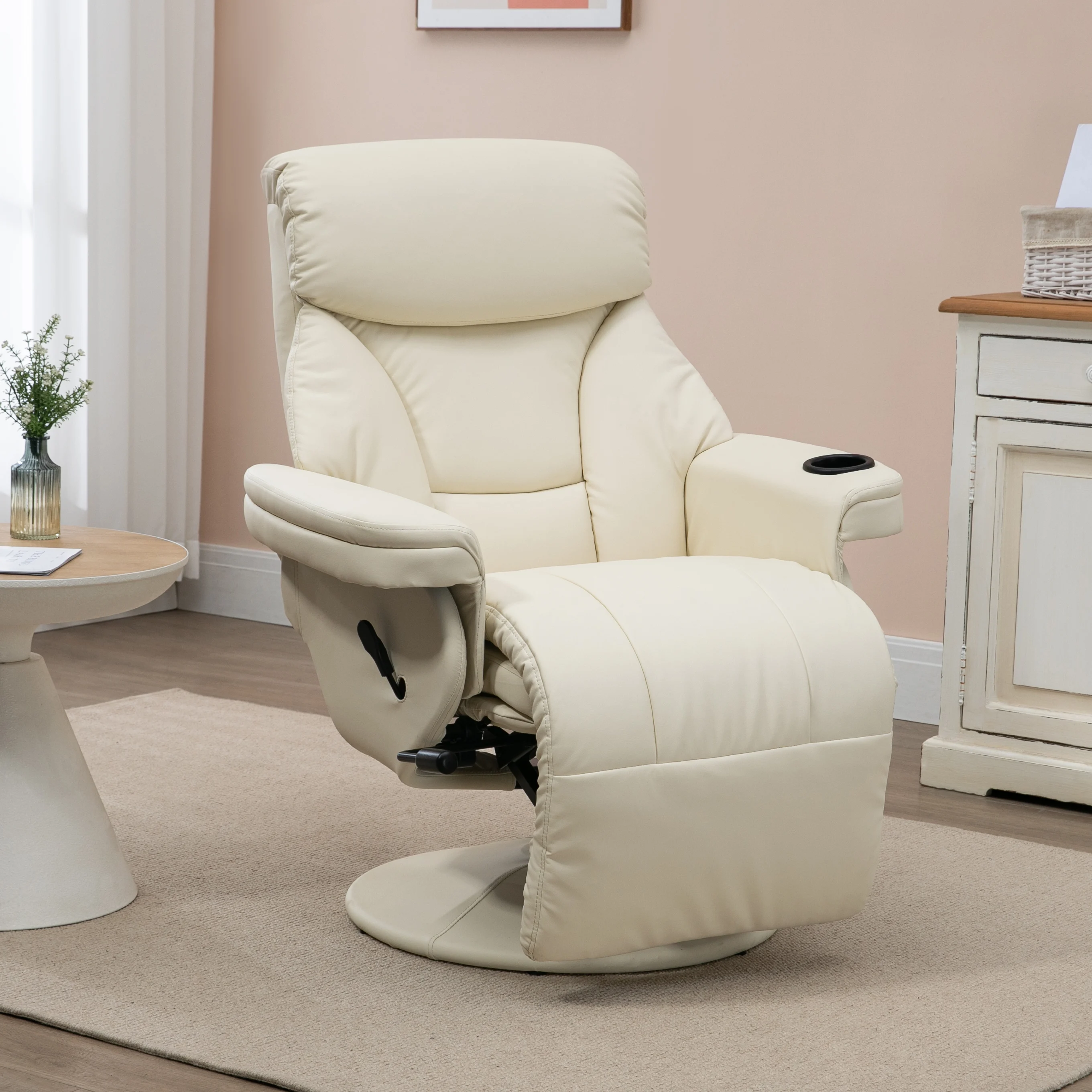 Pu Leather Manual Recliner Armchair W/ Cup Holder Pocket for Living Room Cream