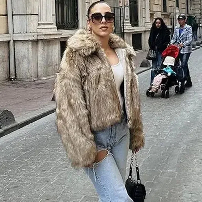 2024 Winter New Fluffy Fur Coat Women Casual Loose Lapel Long Sleeve Faux Fur Cropped Jacket Female Soft Thick Warm Outerwear