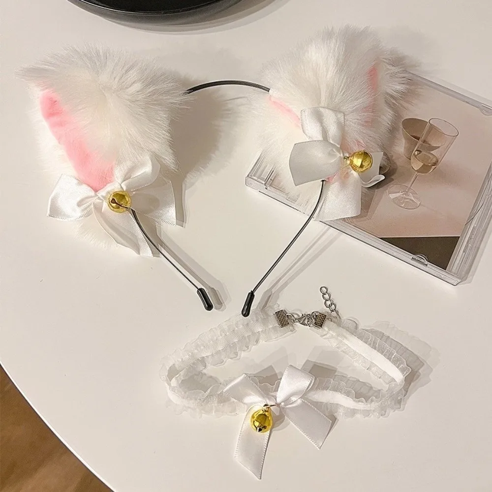 Ensemble de bandeaux oreilles de chat pour femme, couvre-chef Cosplay Lolita avec nœud, accessoires d'exposition Anime, déguisement d'halloween Jk pour fille