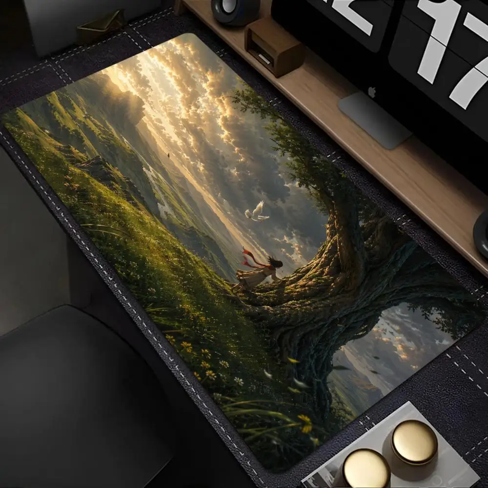 Rainbow Valley Old Tree Girl And Doves Landscape Big Gaming Mouse Pad Anti Slip Extended Desk Keyboard Mat