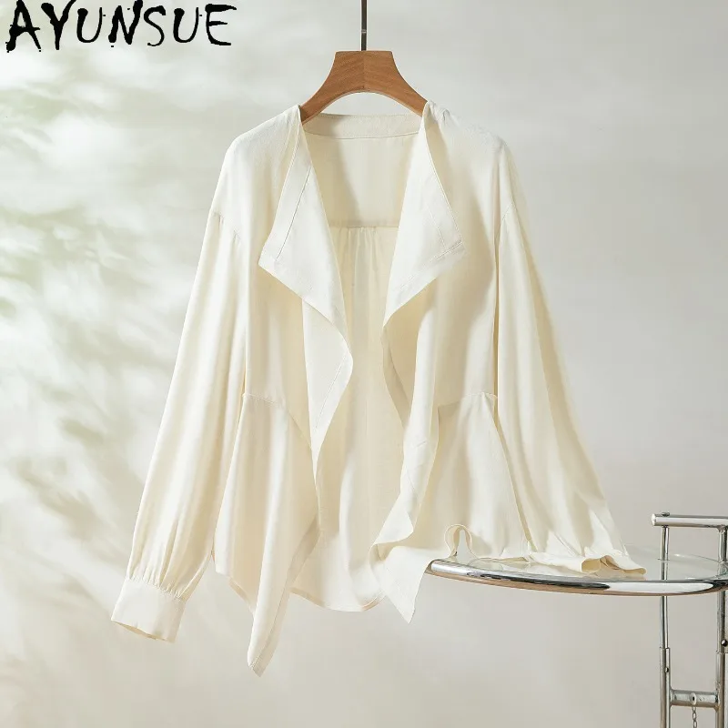 

AYUNSUE 100% Silk Tops for Women Irregular Design Long Sleeve Tops Casual Loose White Top Spring Woman Clothing 2026 Топ Женский
