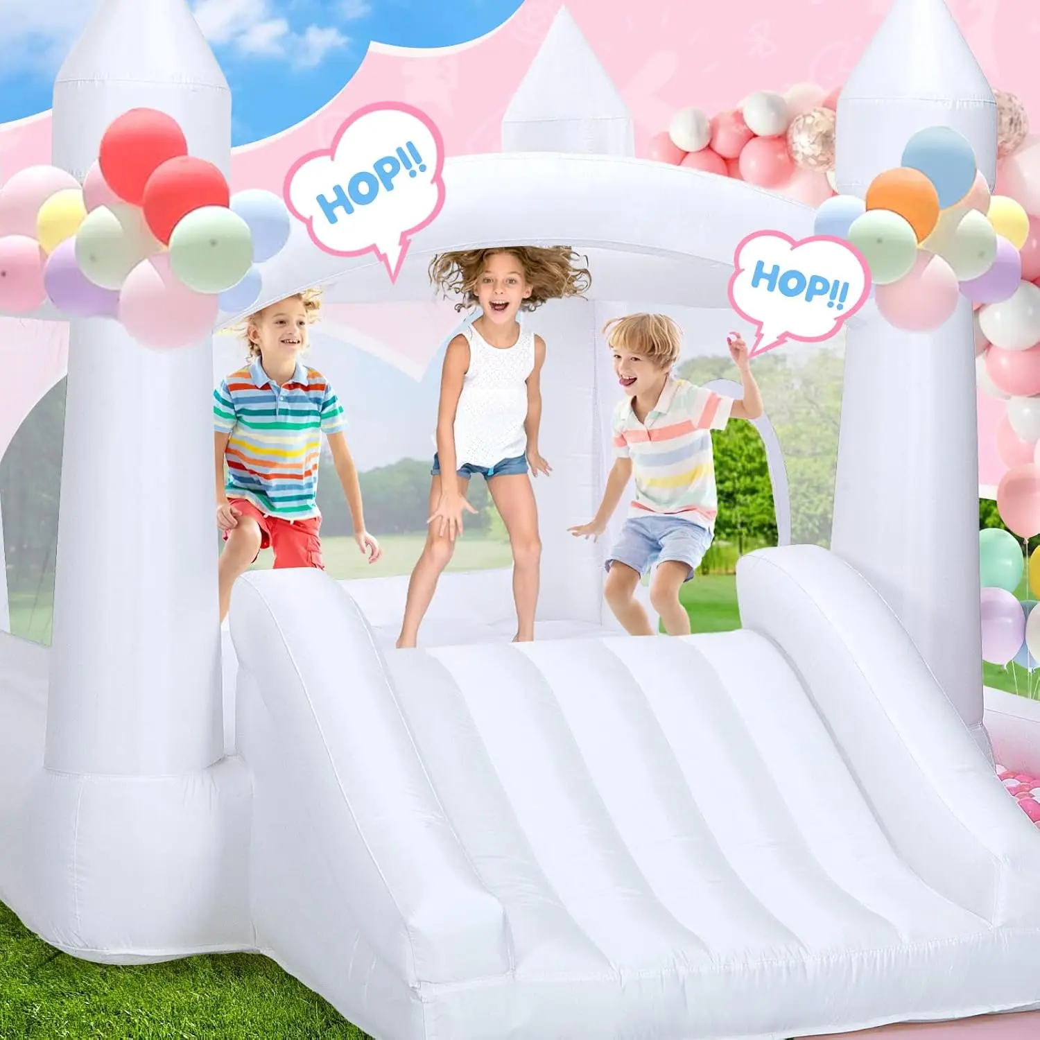 Casa de rebote blanca, castillo inflable con tobogán, soplador de aire, pozo de bolas, castillo inflable para fiesta de cumpleaños interior y exterior