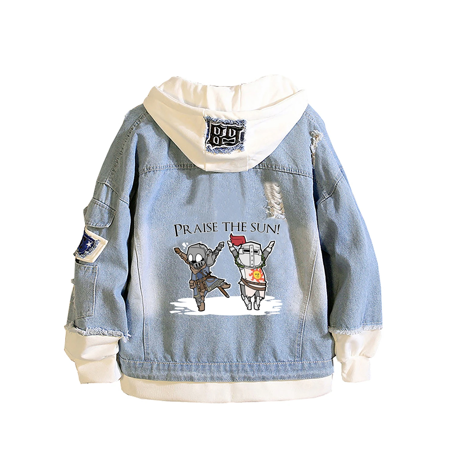 Cartoon Dark Souls Men Anime Denim Hoodies Jeans Loose Jackets Girls Sweatshirt Women Streetwear Fake Two Pieces Jean Coats