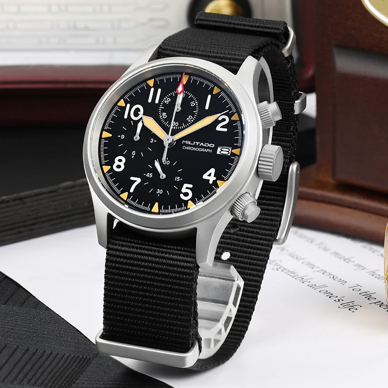 Militado ML1868KF Retro VK67 Quarz-Chronographenuhr, Edelstahlgehäuse, 3 Zifferblätter, wasserdicht, 100 m, Multifunktions-Militäruhr – Detail 15