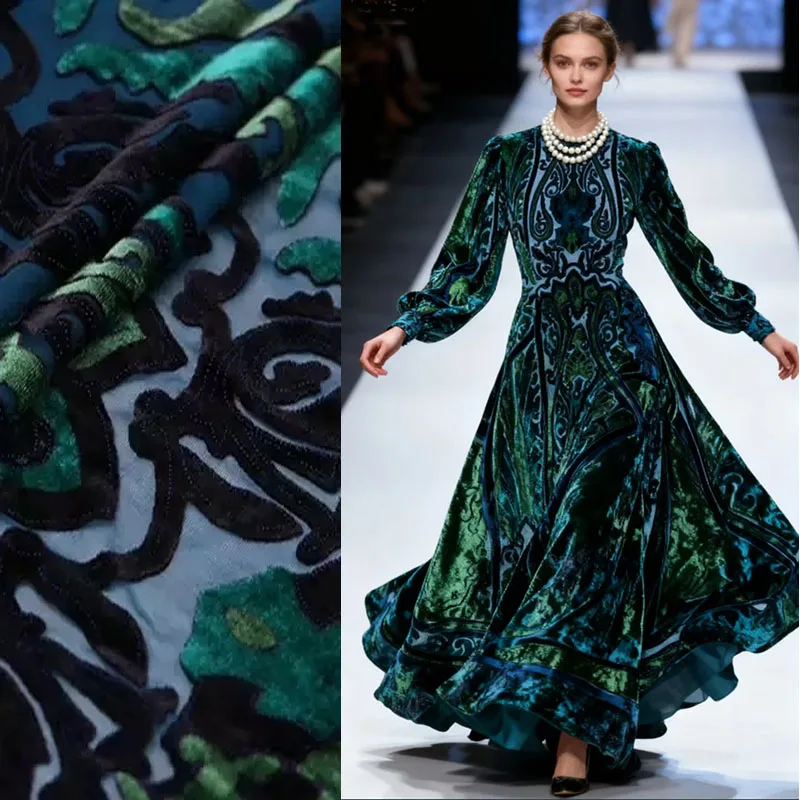 High Quality African Gilding Cord Lace Silk Fabrics Sewing Blackish Green 100%Silk Velvet Fabric Wide 1.4*1m Flower Tissue Dress