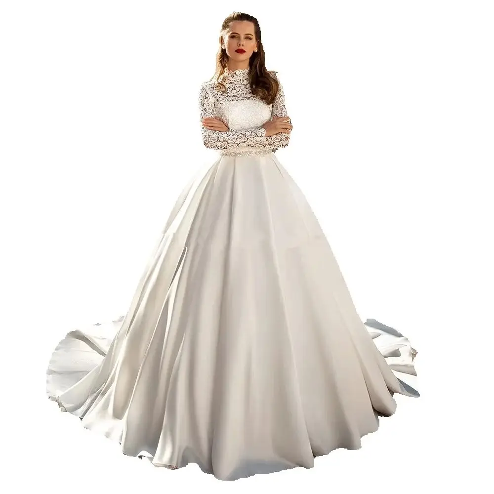 A-Linie, elegante High-Neck-Brautkleider, Satin-Brautkleider, Spitze, lange Ärmel, Applikationen, Vintage-Prinzessin-Brautkleid, individuell gestaltet