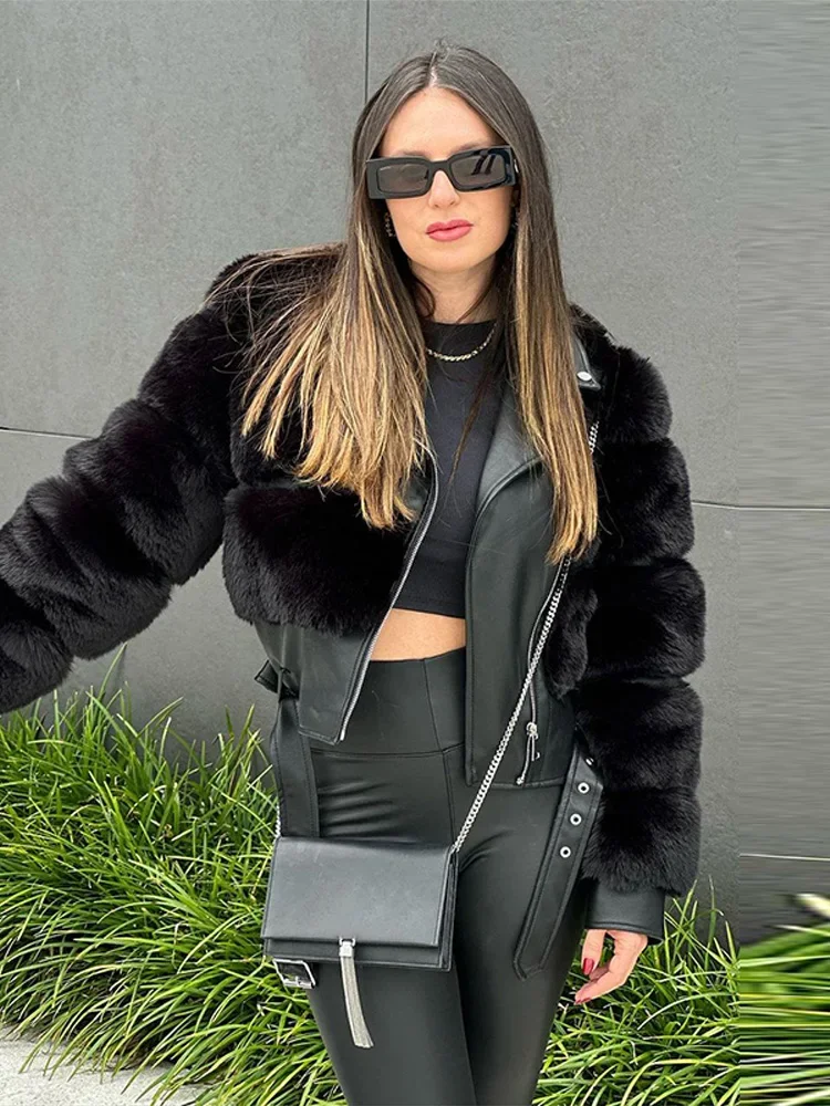 Vrouwen Korte Nepbont Jas Vrouwen Pu Leer Patchwork Lange Mouw Rits Pluizige Vrouwelijke Dikker Jas Winter Luxe Dame Uitloper