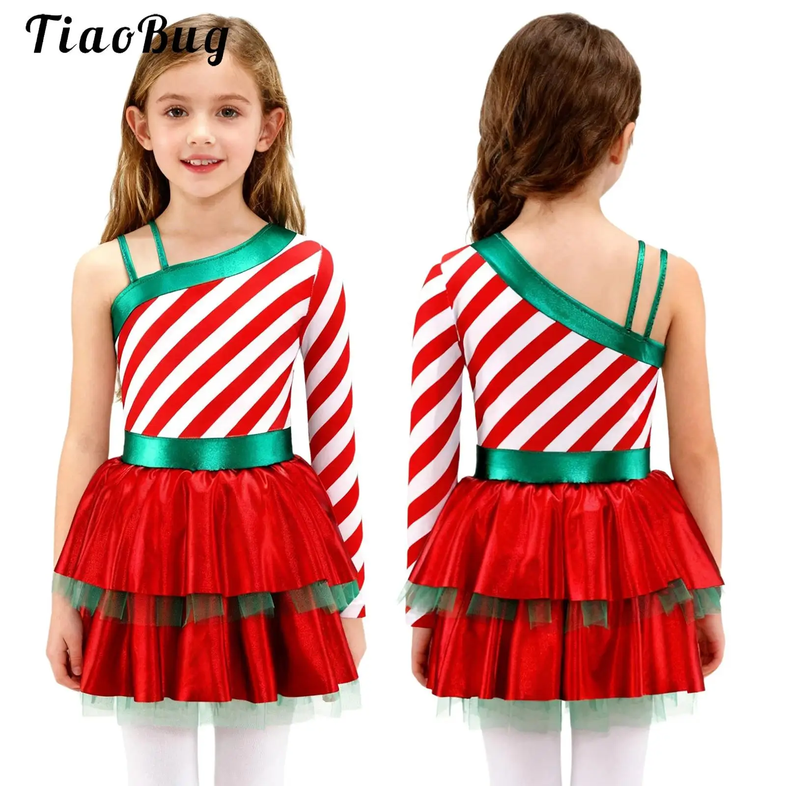 

Girls Candy Cane Christmas Dance Dress One Shoulder Xmas Holiday Santa Sweetie Costume Ballet Leotard Figure Skating Dancewear