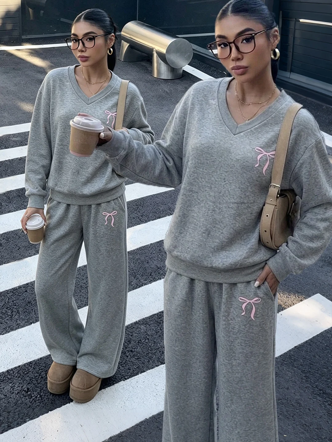 Women Cute Bow Embroidery Matching 2‑Piece Set V‑Neck Sweatshirt & Wide Leg Pants Casual Tracksuit