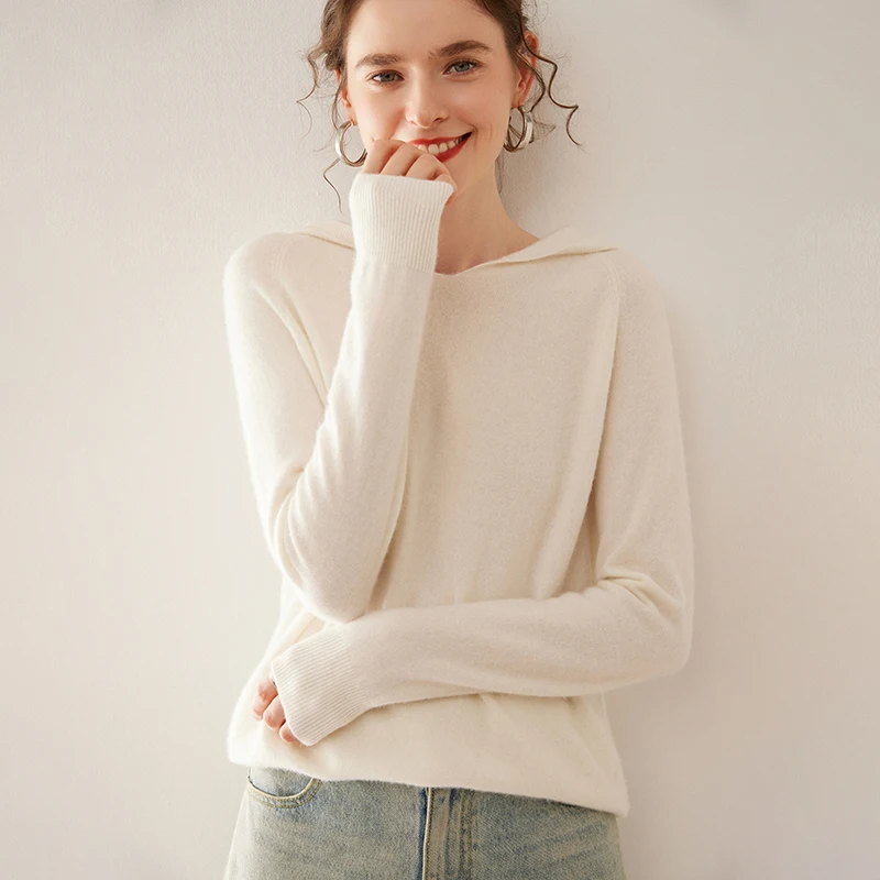 

Women 100% Cashmere Hoodie Sweater Autumn Winter Basic Pullovers Soft Warm Comfy Cashmere Knitwear Simple Style Tops Hoodie