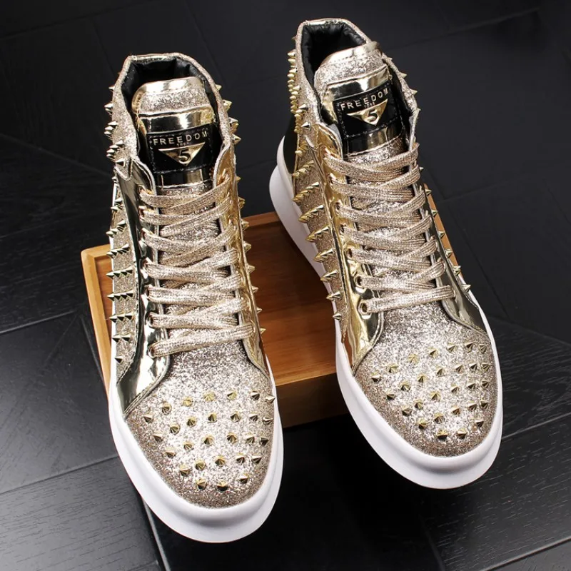 PerSonalized High-top Shoes Fashionable Men\'s Rivet Rhinestone Board Shoes internal Height Breathable Casual Shoes Hip-hop h9