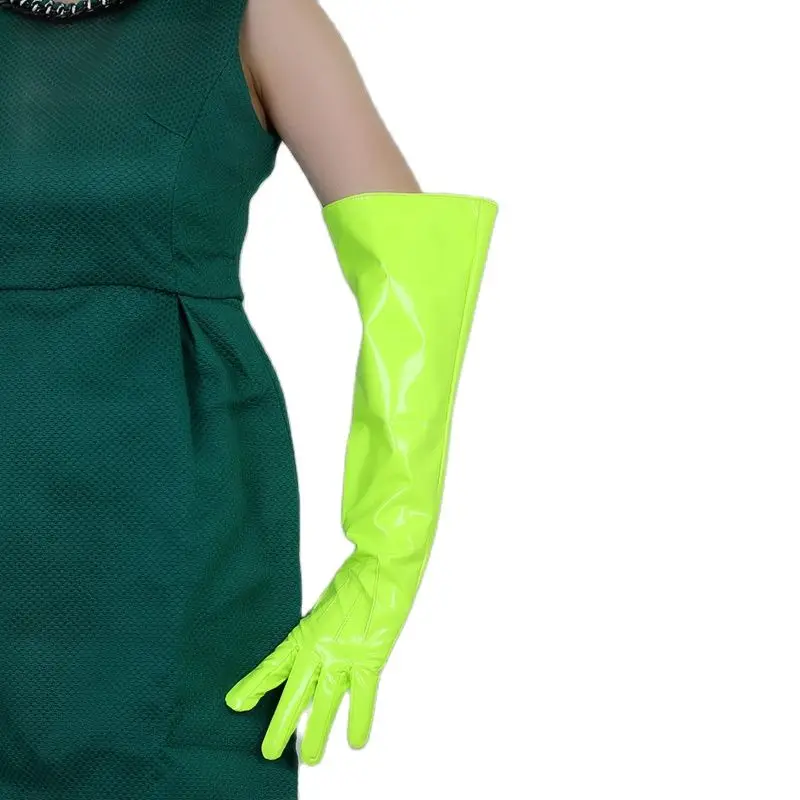 

50cm Patent Leather Gloves Female Loose Big Sleeve Faux Leather Imitation Sheepskin PU Women Gloves Fluorescent Green HPU76