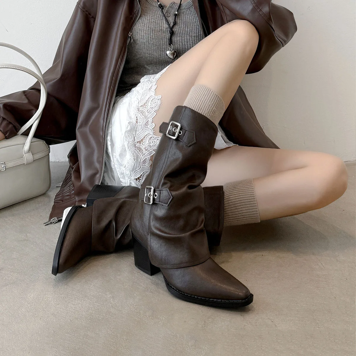

Autumn Brown cowhide Belt buckle Mid-Calf boots Square toe Pleated pull-on Chunky heels Modern boots Large size