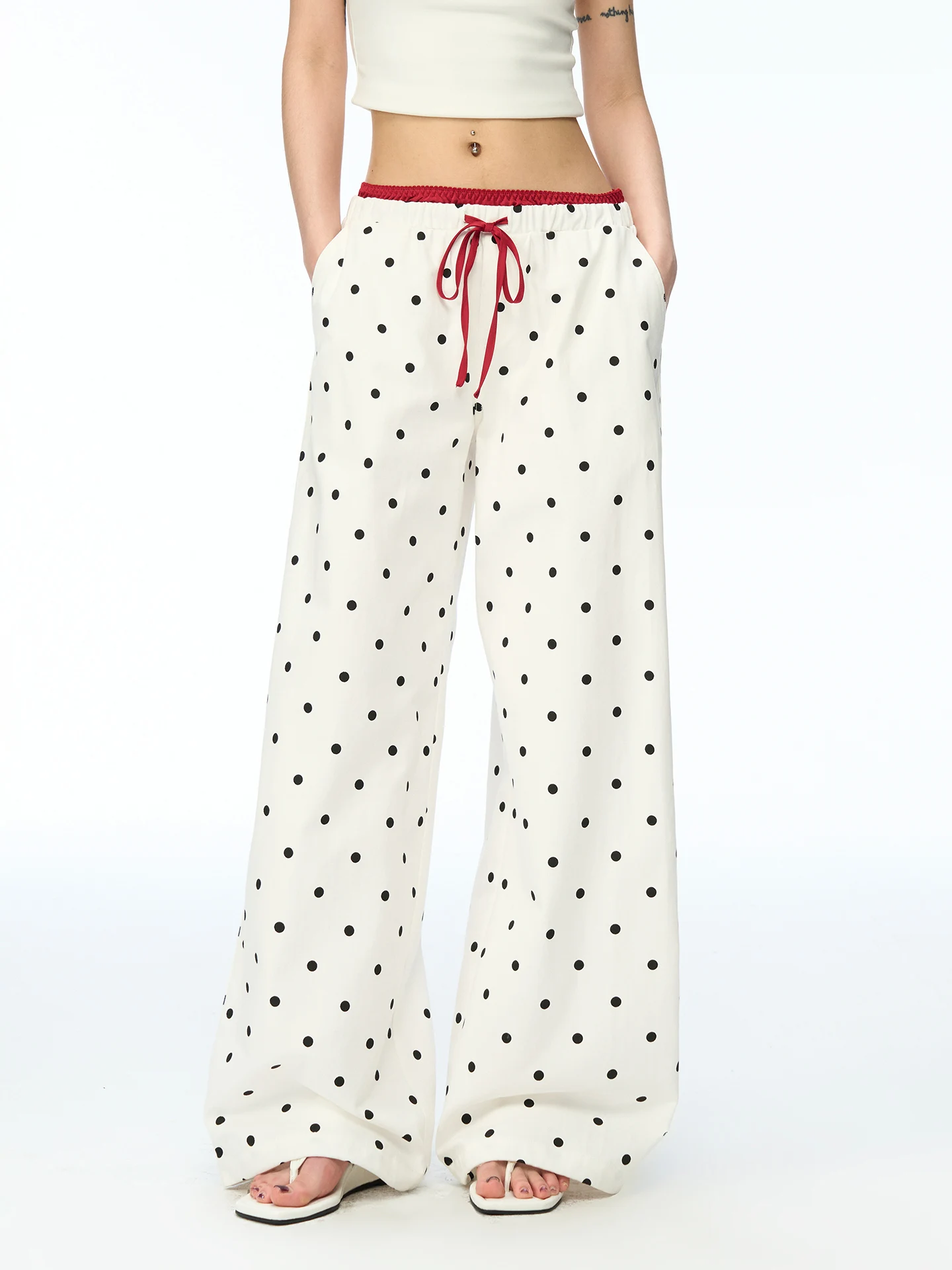 Aaisup American Retro Polka Dot Wide Leg Casual Pants Women Summer Loose Lazy Style Loose Slimming Floor-Length Trousers