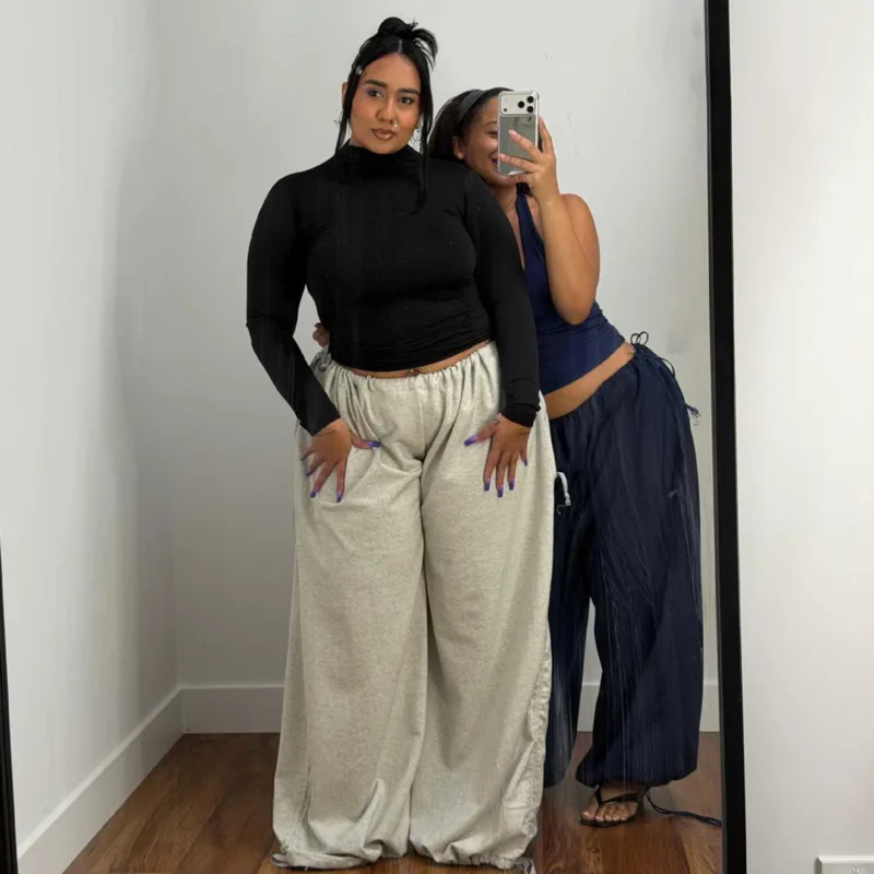 2026 Adjustable Drawstring Wide Leg Pants Solid Color Elastic Waist Plus Size Casual Trousers For Women Daily Wear Spring Pants
