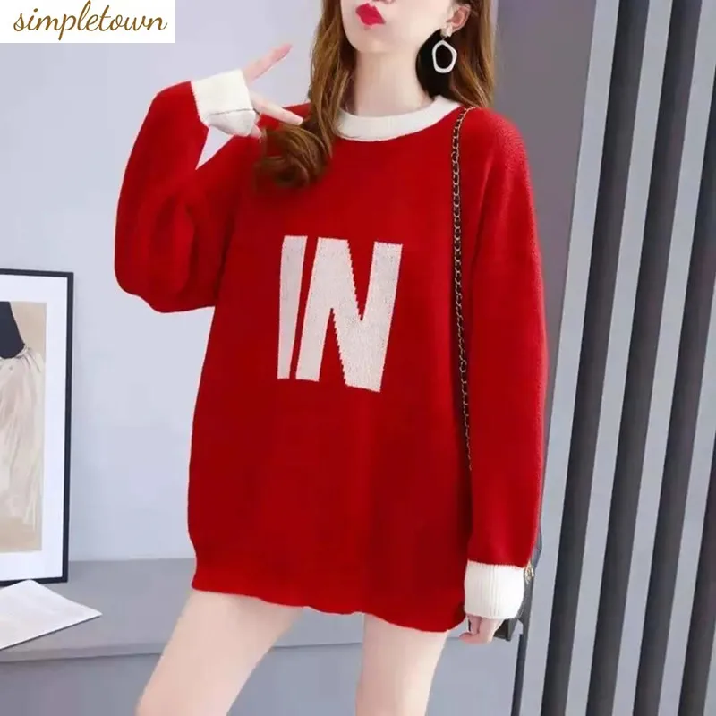 

2023 Autumn/Winter Korean Edition New Letter Embroidery Casual Knitwear Plus Size Women's Sweater Cute Style